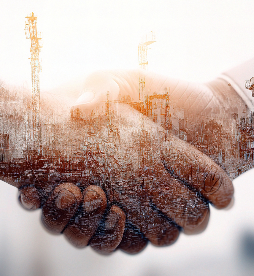 Dieses Bild mit Doppelbelichtung zeigt einen Händedruck vor dem Hintergrund einer Baustelle und symbolisiert Zusammenarbeit, Partnerschaft und Fortschritt in der Geschäftswelt.